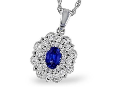 14K White Gold 1.12ctw Oval Blue Sapphire & Diamond Halo Necklace by Allison Kaufman Fashion