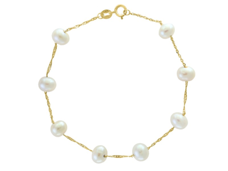 14K Yellow Gold 6-6.5mm Freshwater Pearl Station Bracelet Fashion