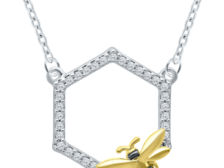 Sterling Silver & Gold Plated 0.10ctw Diamond Hexagon Bee Necklace Discount