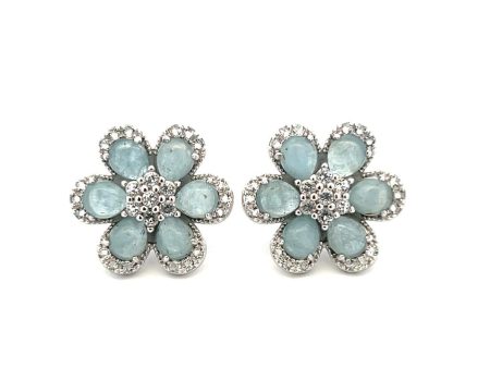 Sterling Silver Aquamarine & White Topaz Flower Stud Earrings by Samuel B. Supply