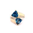 Estate 14K Yellow Gold Trillion Blue Topaz & Diamond Bypass Ring For Discount