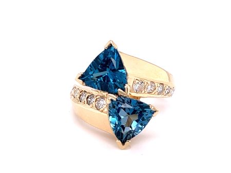 Estate 14K Yellow Gold Trillion Blue Topaz & Diamond Bypass Ring For Discount