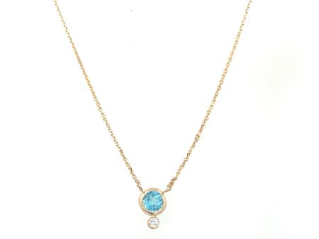 14K Yellow Gold 4mm Round Blue Topaz & Diamond Necklace Fashion