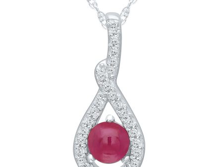 14K White Gold 0.50ctw Cabochon Ruby & Diamond Twist Halo Necklace Fashion