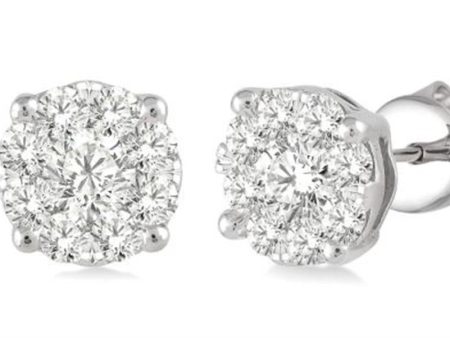 14K White Gold 1.00ctw Diamond Cluster Stud Earrings For Sale