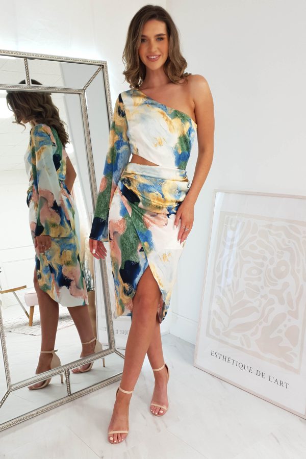 Elliot Abstract Satin Midi Dress | Mixed Print Online Sale