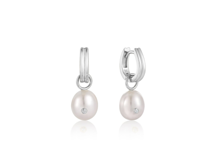 Sterling Silver Pearl Sparkle Huggie Hoop Drop Earrings by Ania Haie Fashion